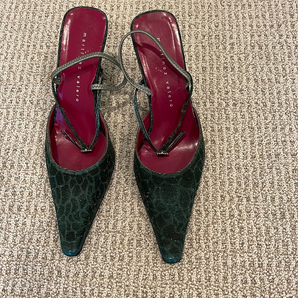 Green metallic animal print sling back pumps